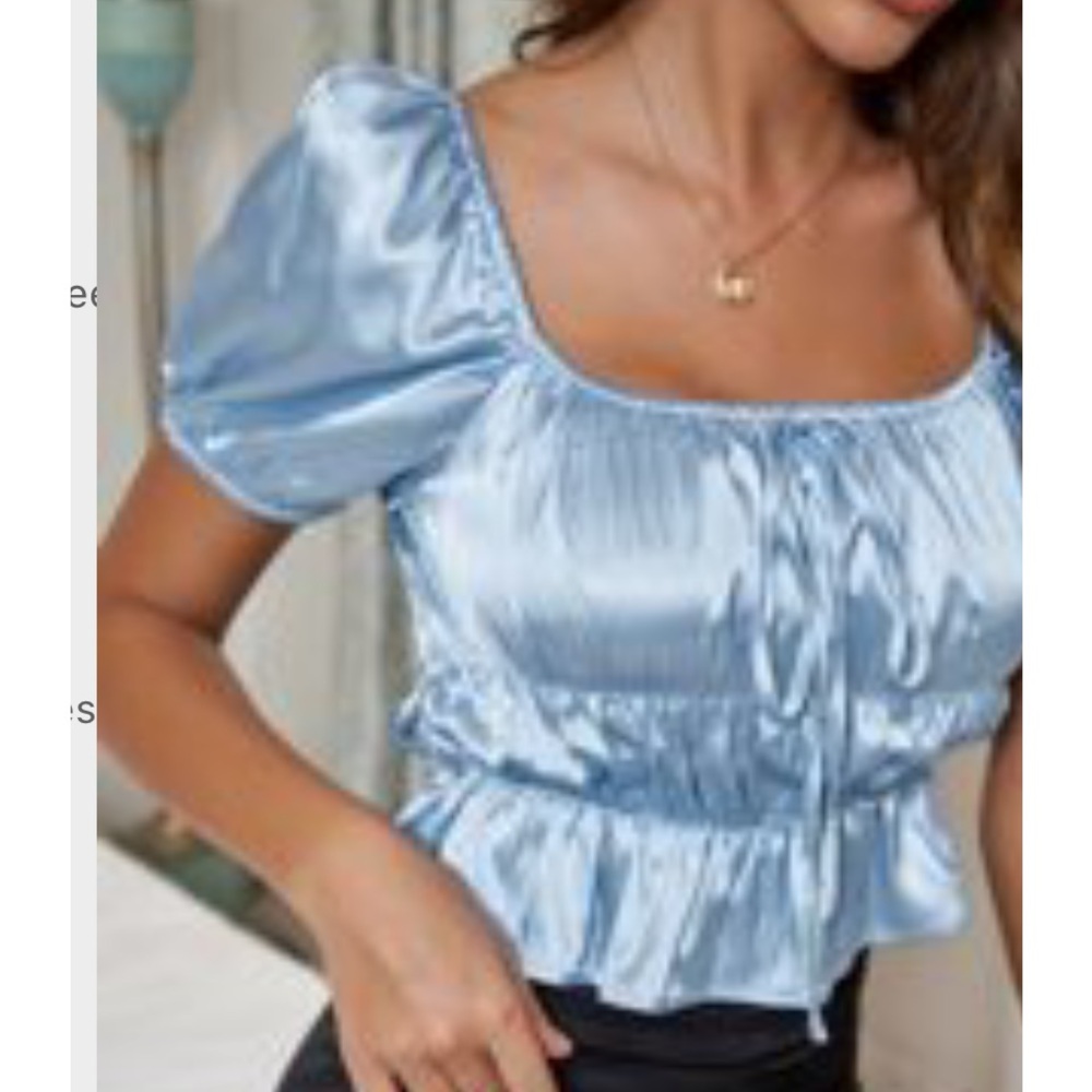 faux satin puff sleeve square neck cropped peplum top